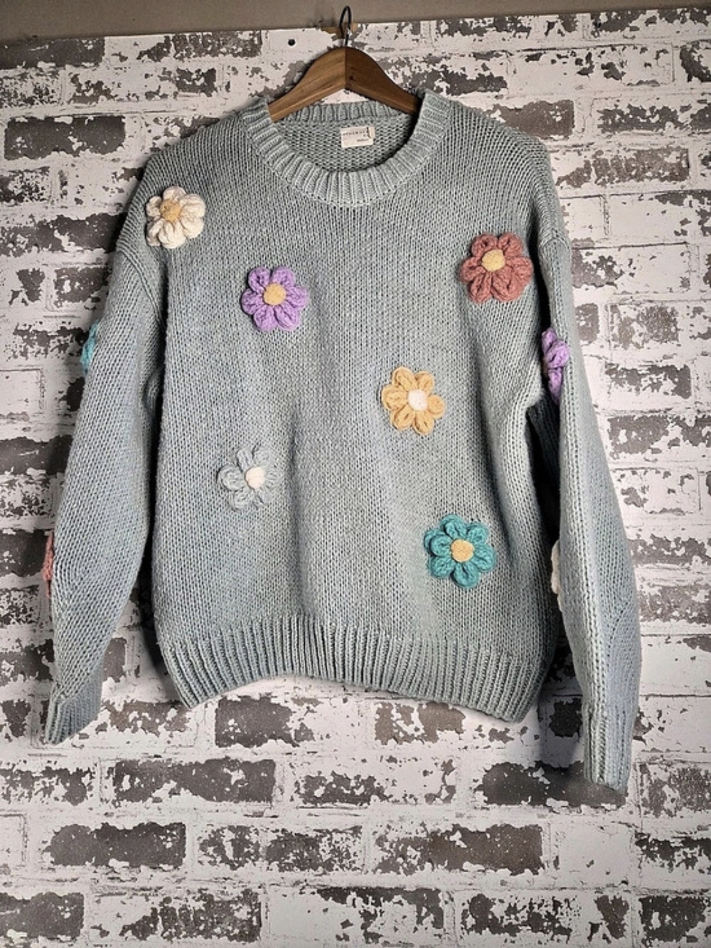 Dreamers By Debut Light Blue Pastel 3D Floral Applique Knit Sweater M